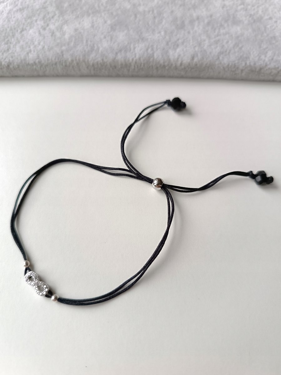 Regulowana Czarna Bransoletka Znak Nieskończoności Cyrkonie Czarne Stal