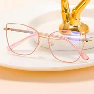 Okulary korekcyjne, oprawki, szkła - Damskie okulary Kocie Oczy zerówki do komputera BLUE LIGHT na teleskopach 25156C Różowy/Złoty - miniaturka - grafika 1