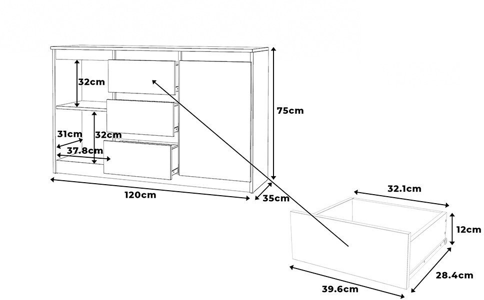 Komoda Biała Drewniana 3 Szuflady 120cm Szafka Salon Młodzieżowa Dąb Wotan
