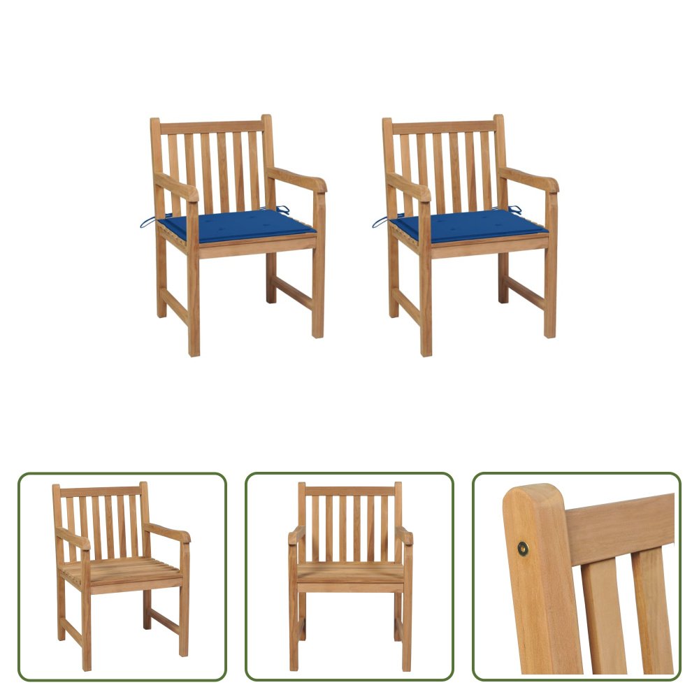 The Living Store krzesła ogrodowe 2 szt. z niebieskimi poduszkami z litego drewna tekowego