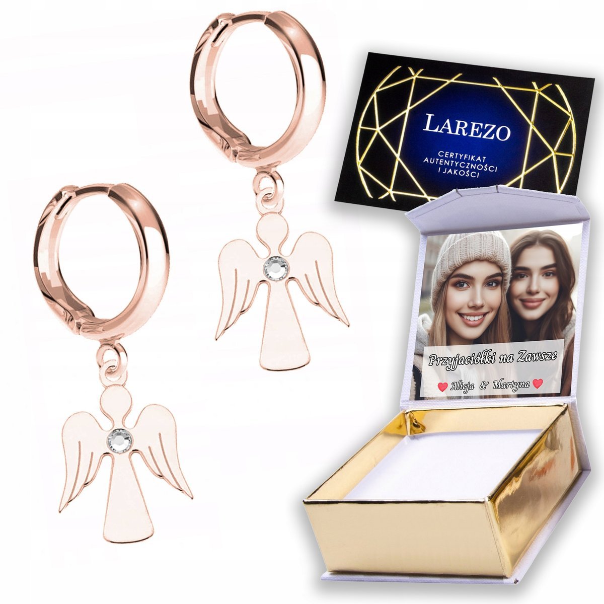 Kolczyki Pozłacane 925 Aniołki Anioły Stróże z Cyrkonią Kryształy NADRUK