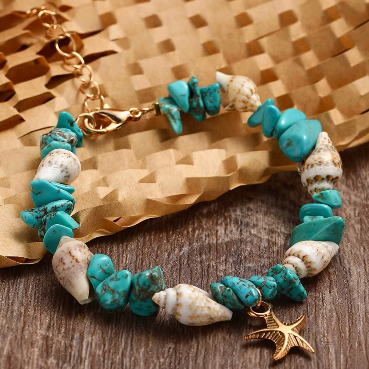 Turkusowa Złota Biała Bransoletka Muszelki Kamienie Summer Shells