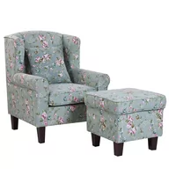 Fotele - Beliani Fotel uszak z podnóżkiem w kwiaty zielony HAMAR - miniaturka - grafika 1