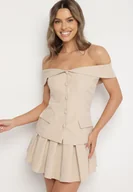 Komplety damskie - Beżowy Komplet Spódnica i Bluzka Hiszpanka z Guzikami i Imitacją Kieszeni Salendrea - miniaturka - grafika 1