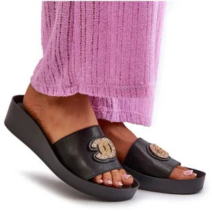 Eleganckie Lekkie Klapki Damskie Z Ozdobą Skóra Naturalna S.Barski KV27-013 Czarne - Klapki i japonki damskie - miniaturka - grafika 1