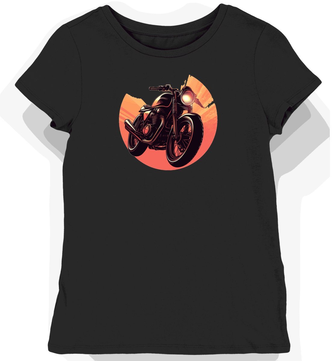 Koszulka damska czarna z widokiem klasycznego motocykla w ruchu L