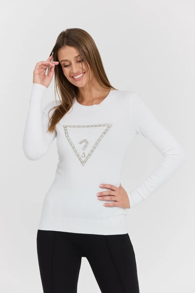 GUESS Biały damski sweter Rylie Triangle z dużym logo S