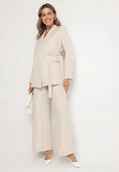 Komplety damskie - Beżowy Garnitur Marynarka o Asymetrycznym Kroju i Szerokie Spodnie Purria - miniaturka - grafika 1