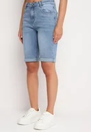 Spodenki damskie - Niebieskie Jeansowe Szorty z Wysokim Stanem i Bawełną Ozdobione Przetarciami Nelixa - miniaturka - grafika 1