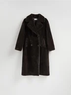 Płaszcze damskie - Reserved - Płaszcz ze sztucznego futerka - ciemnobrązowy - miniaturka - grafika 1