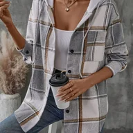 Kurtki damskie - TEMU Kurtka Damska Oversize w Kratę z Kapturem i Sznurkiem - Casualowa Kurtka Zimowa, Długi Rękaw, Pasy na Talii, Kieszenie, Pranie Maszynowe, Luźny - miniaturka - grafika 1