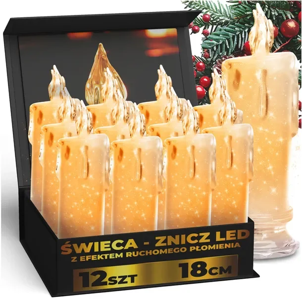 12x Świeczki Elektryczne Wkład Do Zniczy Świeczka Na Baterie Brokatowa 18cm