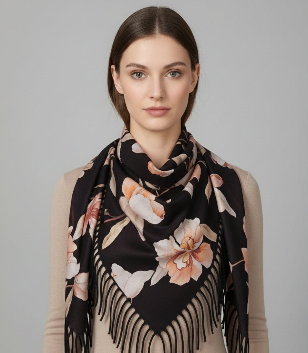 Elegancka kwiatowa chusta szal szalik z frędzlami