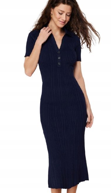 TRENDYOL GRANATOWA DZIANINOWA SUKIENKA MIDI Z KOŁNIERZYKIEM 36 5AA