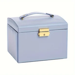 TEMU CASEGRACE Eleganckie Niebieskie Pudełko na Biżuterię z Sztucznej Skóry - 6.9" Wodoodporny Organizer z Lusterkiem, Dwupoziomowe Szuflady na - Inne - miniaturka - grafika 1