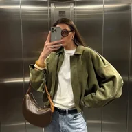 Kurtki damskie - TEMU Kurtka Damska Retro Casual - Oliwkowa, Krótki Rękaw, Okrągły Dekolt, Pranie Maszynowe, Niezbędnik Wiosenno-Jesienny do Szafy - miniaturka - grafika 1