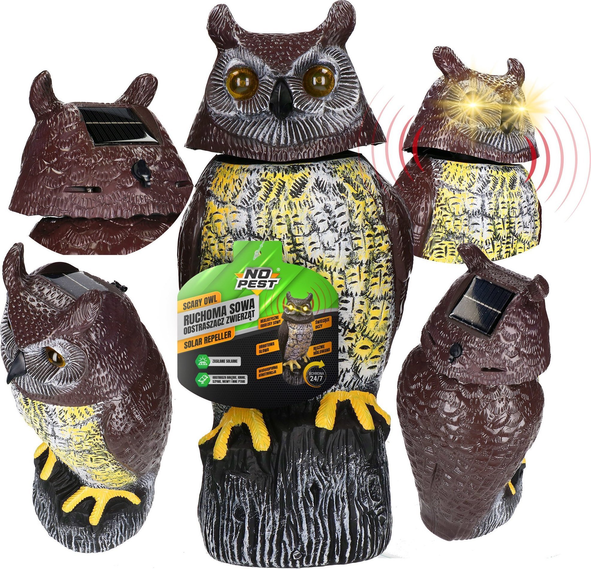 NO PEST Solarny Dźwiękowy Odstraszacz Ptaków Makieta Ptaka Sowa na Ptaki Gołębie Szpaki