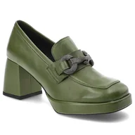 Półbuty damskie - Zielone Półbuty Karino Eleganckie Skórzane Buty Na Obcasie - miniaturka - grafika 1