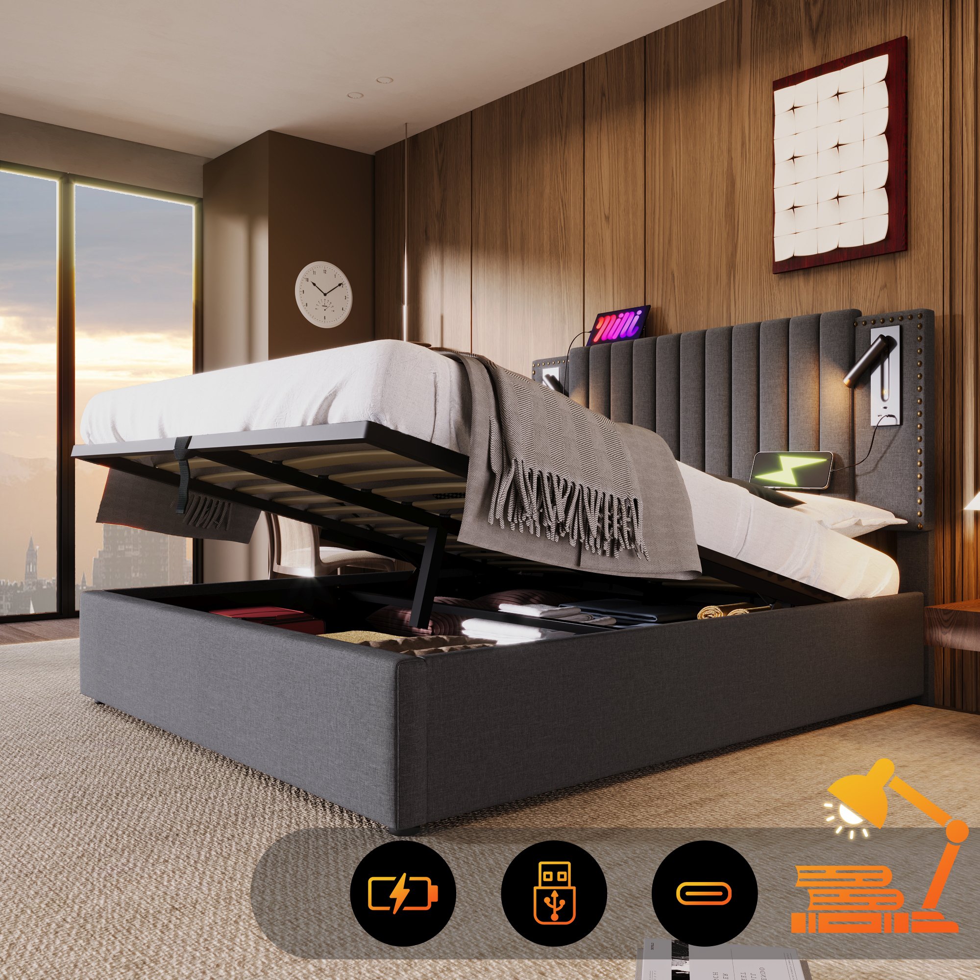 Łóżko tapicerowane Sweiko 160x200, podwójne łóżko schowek skrzynia na pościel, lampka do czytania z funkcją ładowania przez USB zagłówek, oparcie z nitami, łóżko z ramą z listew i skrzynią na pościel, bawełna, szary (bez materaca)