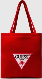 Torebki damskie - GUESS - Czerwona torba plażowa z trójkątnym logo - grafika 1