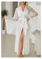 Szlafroki damskie - Długi szlafrok damski z prześwitującej siateczki - Biały - miniaturka - grafika 1