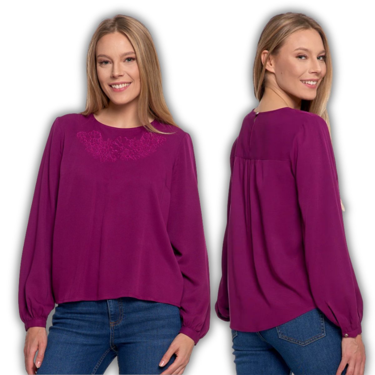 KOSZULA DAMSKA Z DŁUGIM RĘKAWEM SUBTELNYM HAFTEM WYGODNA MORAJ L PURPLE