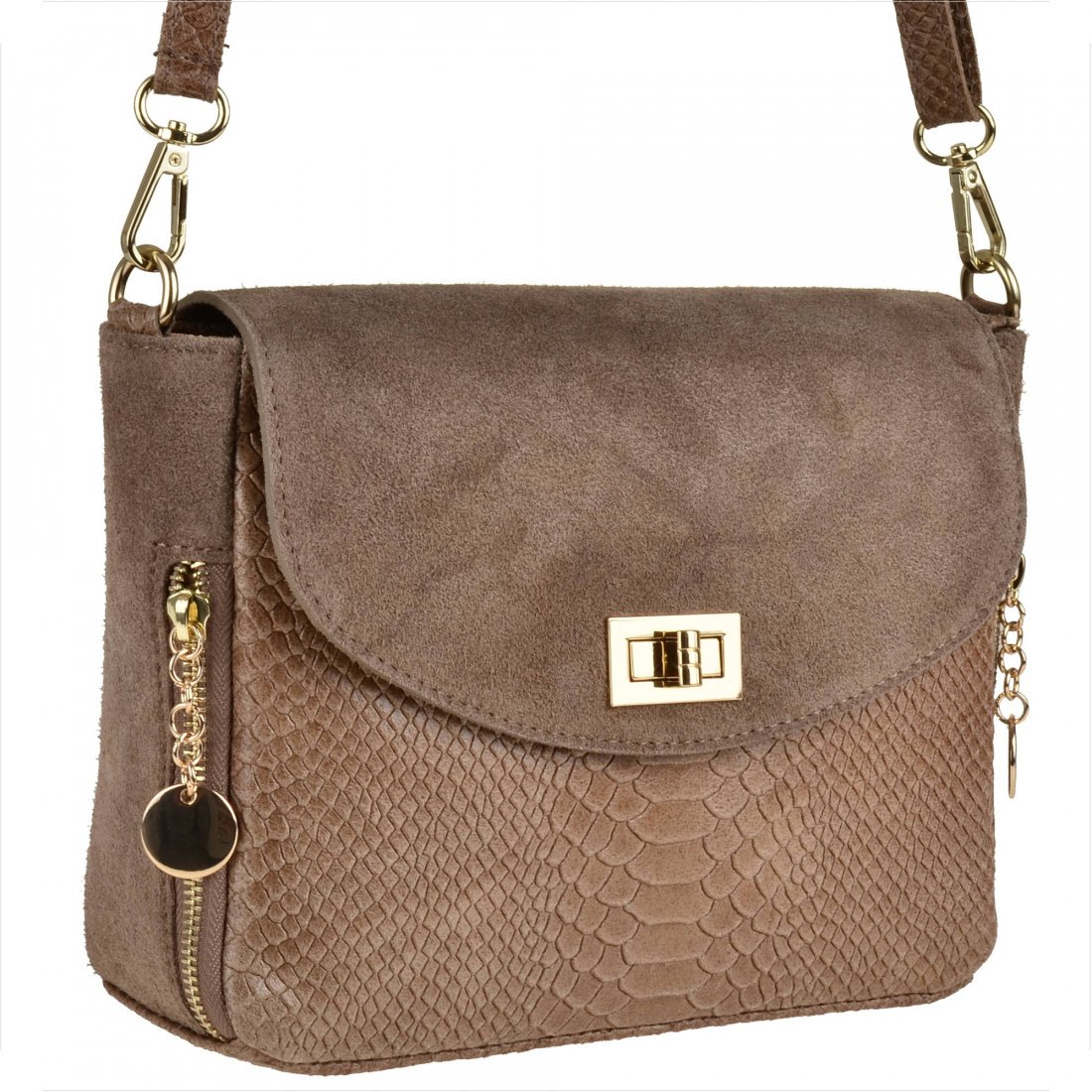 Modna listonoszka wzór wężowej skóry z zamszem skóra naturalna taupe