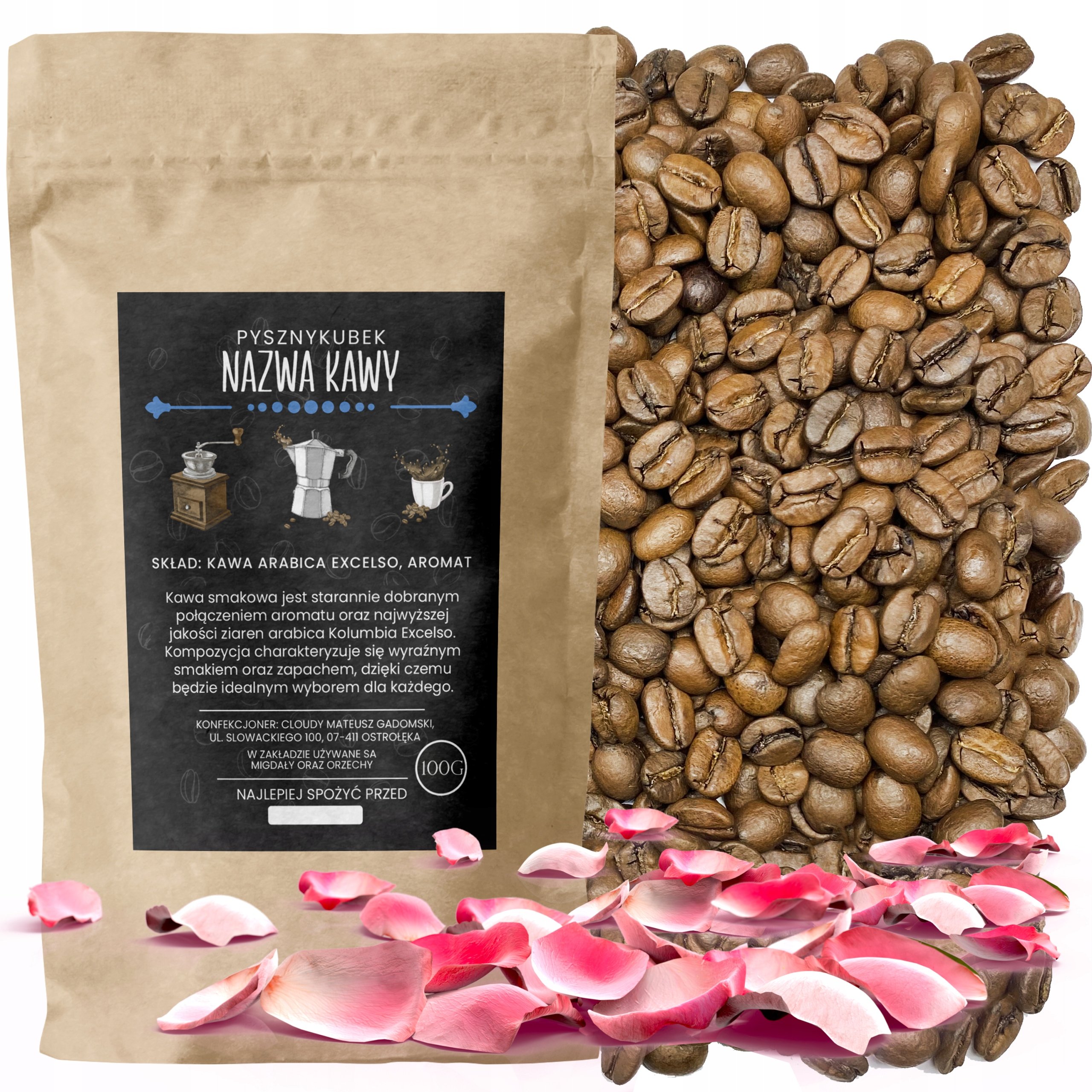 Kawa smakowa Różana 1000G 1KG ziarnista róża