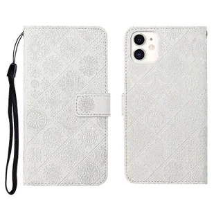 Dla iPhone'a 11 Etniczny styl z wytłoczonym wzorem Poziome skórzane etui z klapką z uchwytem i miejscami na karty oraz portfelem i smyczą Biały - Portfele - miniaturka - grafika 1