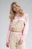 Bluzki damskie - Dwukolorowa Krótka Bluza z Kapturem - Beżowo-Różowa - miniaturka - grafika 1