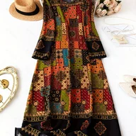 Sukienki - TEMU Elegancka Sukienka Maxi w Stylu Boho z Długim Rękawem i Okrągłym Dekoltem - Wielokolorowa Łatana - miniaturka - grafika 1