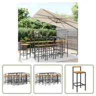 Meble ogrodowe - The Living Store 11-częściowy ogrodowy zestaw barowy z czarnego polirattanu i litego drewna akacjowego - miniaturka - grafika 1