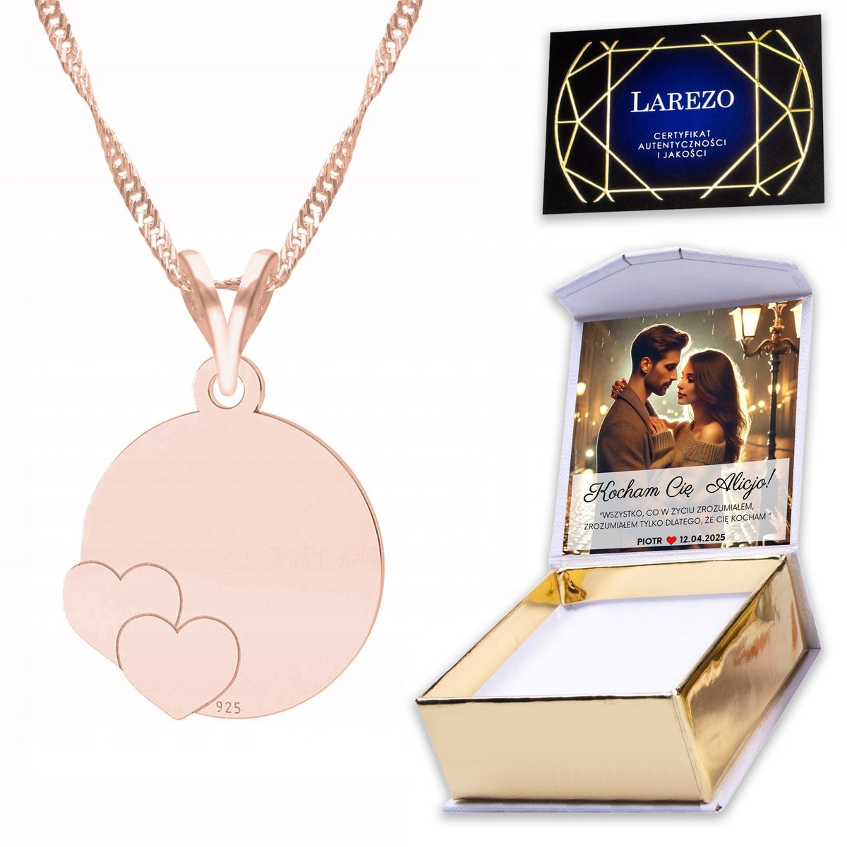 Naszyjnik Pozłacany 925 z Blaszką Serduszka Serce Serduszko Heart + NADRUK