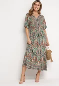 Sukienki - Zielona Sukienka Maxi z Wiskozy w Stylu Boho z Wzorem Paisley i Gumką w Pasie Naroli - miniaturka - grafika 1
