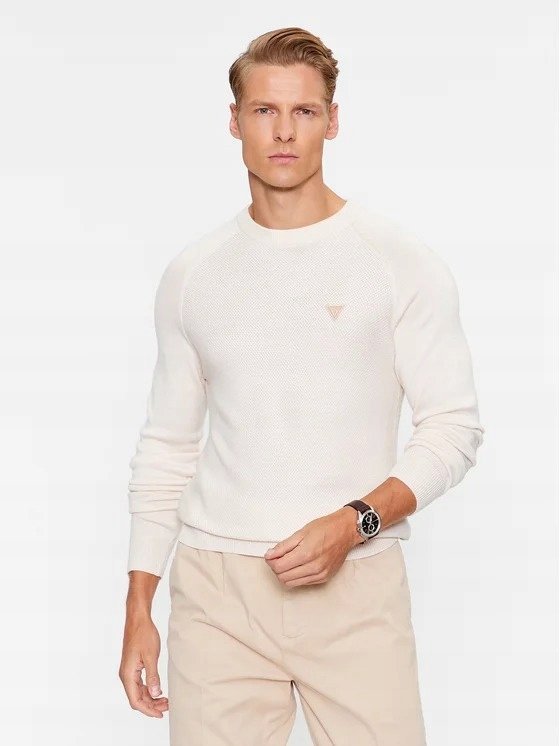 GUESS MĘSKI BEŻOWY SWETER Z JEDWABIEM I WEŁNĄ OKRĄGŁY DEKOLT L GŁA