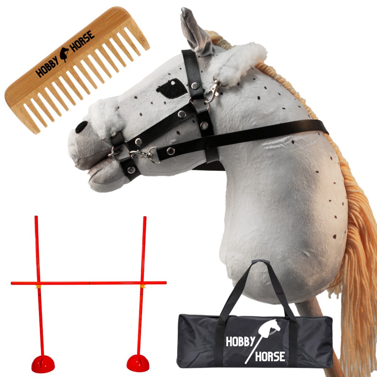 ZESTAW HOBBY HORSE KOŃ NA KIJU A3 + PRZESZKODA DO SKAKANIA 120 CM + GRZEBIEŃ [M-ZESTAW-H10-1]
