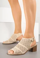Sandały damskie - Beżowe Ażurowe Sandały Botki na Słupkowym Obcasie z Odkrytym Noskiem Lanariel - miniaturka - grafika 1