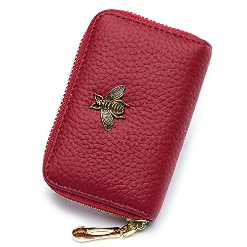 imeetu Portfel na karty, RFID, etui na karty kredytowe dla kobiet, smukłe, skórzane, damskie etui na karty z 12 przegródkami na karty i 2 szerokimi przegródkami na gotówkę (mały, czerwony)