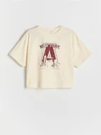 Koszulki dla dziewczynek - Reserved - T-shirt z kryształkami i nadrukiem - kremowy - miniaturka - grafika 1