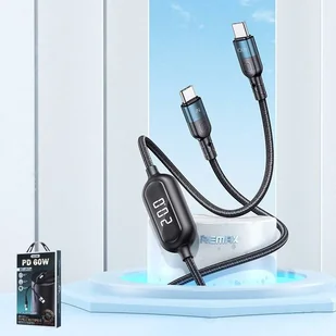 Remax Litxn kabel do szybkiego ładowania USB Typ C - USB Typ C 60W Power Delivery z wyświetlaczem ekranem miernik mocy 1m czarny (RC-193a) - Kable USB - miniaturka - grafika 2