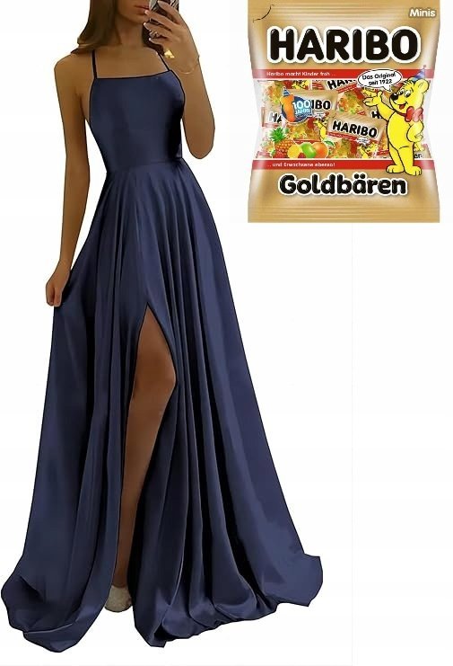 Długa sukienka balowa wiązana z rozcięciem na nodze granatowa r. 2XL