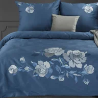 Pościel - Pościel granatowa z pastelowym haftem z motywem kwiatowym 160x200 wysokiej jakości satyna bawełniana HAFT3 - miniaturka - grafika 1