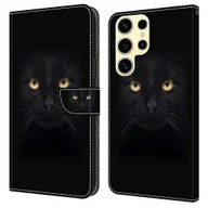 Portfele - Dla Samsung Galaxy S25 Ultra Etui Magnetyczne Zapięcie Wzór 3D Skórzany Portfel Portfel Pokrowiec Na Telefon - Kot Wielobarwny Black Cat - miniaturka - grafika 1