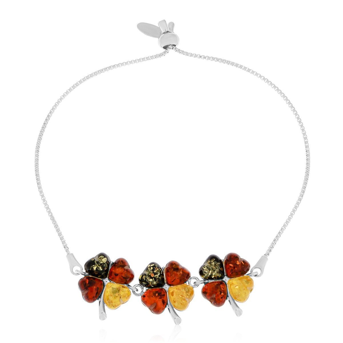 Srebrna bransoletka z bursztynem koniczynka, ściągana pr. 925