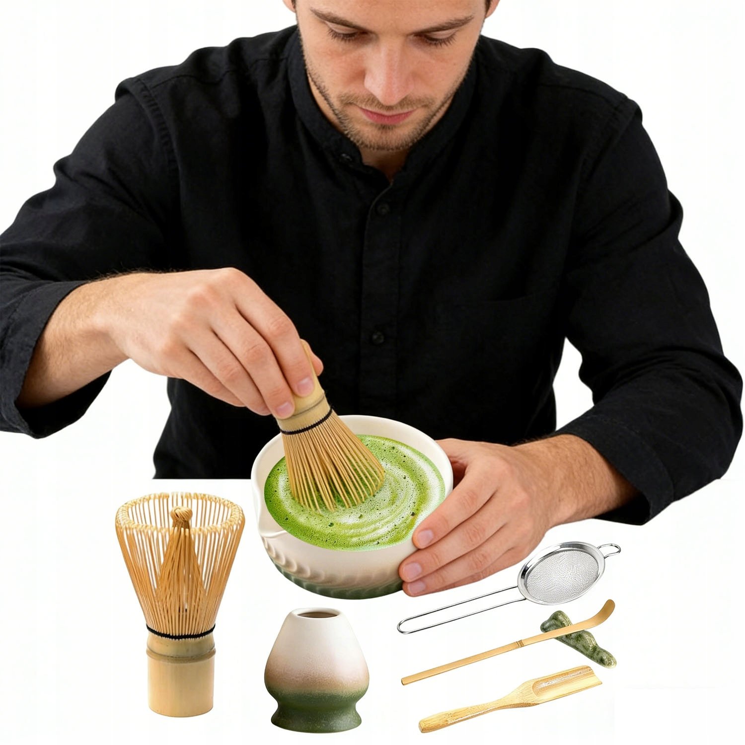Zestaw Prezentowy Do Herbaty Matcha Miotełka Podstawka Łyżeczka 7w1