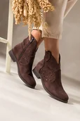 Botki damskie - Czekoladowe botki damskie płaskie ażurowa cholewka Carla S7476-3 - miniaturka - grafika 1