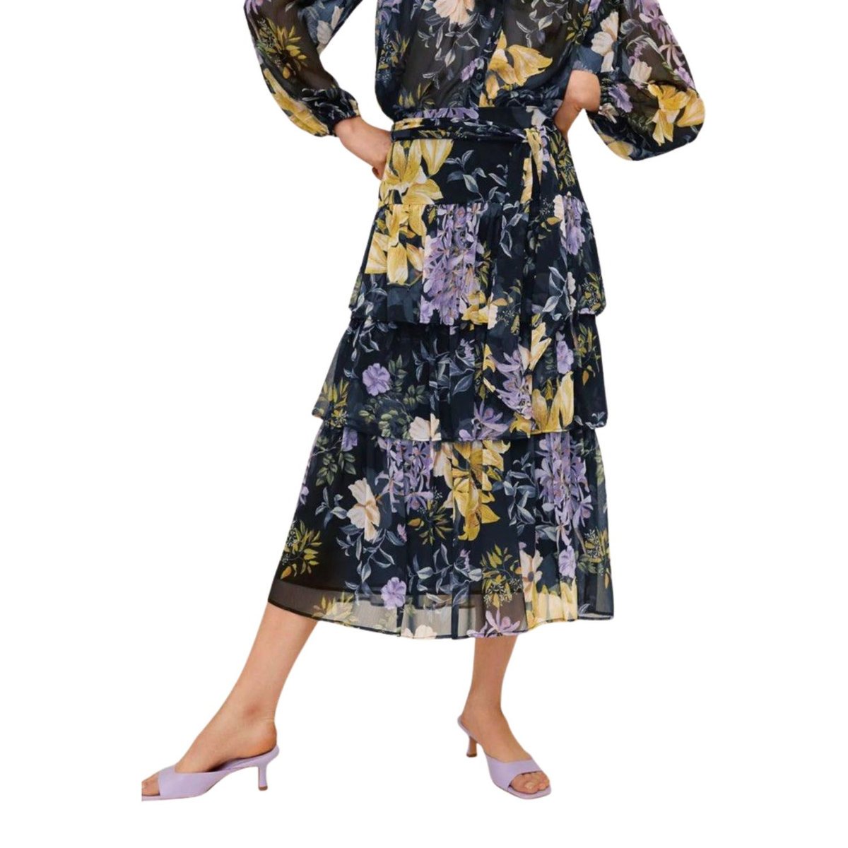 Spódnica damska Mango Floral czarna za kolano z falbanami kwiecista-S