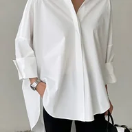 Koszule damskie - TEMU Jednokolorowa Koszula z Kołnierzykiem, Luźny Krój, Krótki Przód i Długi Tył, Stylowa i Uniwersalna Bluzka Minimalistyczna dla Kobiet - miniaturka - grafika 1