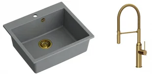 Quadron Zlewozmywak granitowy jednokomorowy 57*50*22 cm MORGAN 110 SILVER STONE ze złotym odpływem z baterią MARILYN Q LINE z wyciąganą wylewką kolor złoty - Zlewozmywaki z baterią - miniaturka - grafika 1
