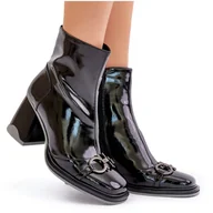 Botki damskie - S.Barski Lakierowane Botki Na Słupku Ocieplane Z Ozdobą D&A MR880-021 Czarne - miniaturka - grafika 1